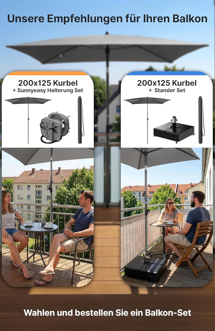 4smile Sonnenschirm Balkon mit Kurbel, Balkonschirm mit Schutzhülle, Sonnenschirm rechteckig 200x125