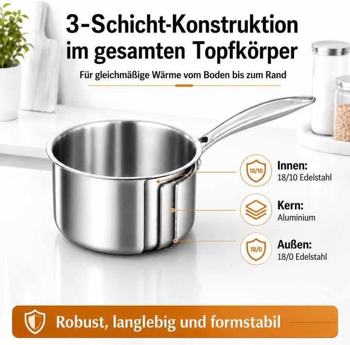 DELARLO Stielkasserolle 14 cm, 1 L Kochtopf mit Glasdeckel | Durchgehend 3-lagige Konstruktion, Glei