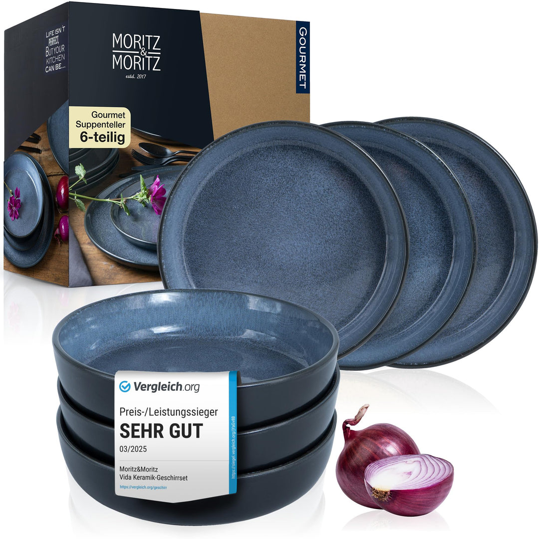 Moritz & Moritz VIDA 6er Suppen Teller Set Blau - Suppenteller für 6 Personen - Porzellan spülmaschi