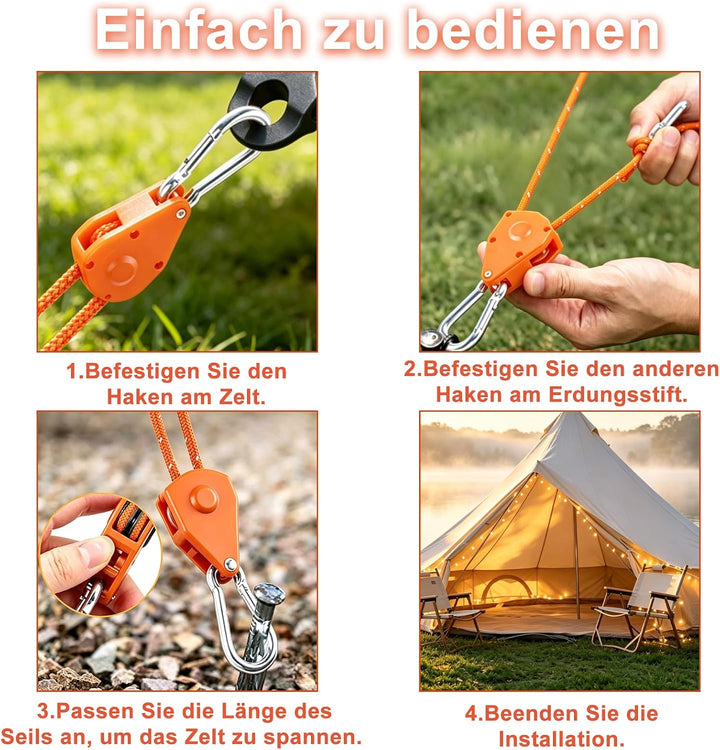 6 Stück 4m Seilratsche mit Haken and Schraubheringe | mit seilspanner, Einstellbare Ratchet Hange 1/