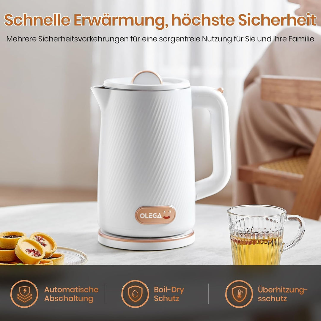 OLEGA Wasserkocher: 1800W Schnellaufheizender Elektrischer Teekessel BPA-freier 304 Edelstahl Elektr