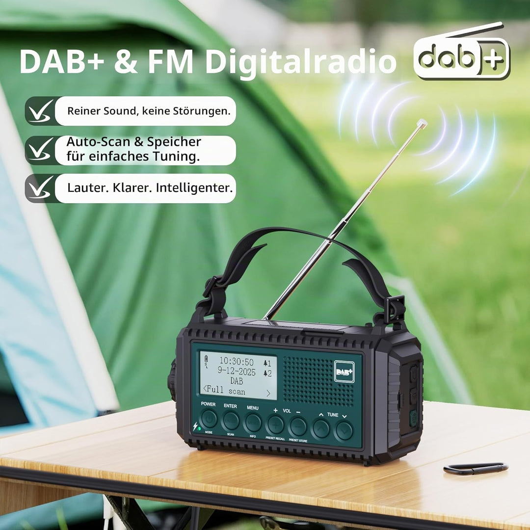 Kurbelradio DAB/DAB+/UKW, Baustellenradio Radio Batteriebetrieben, Tragbare Solar Notfallradio mit 5
