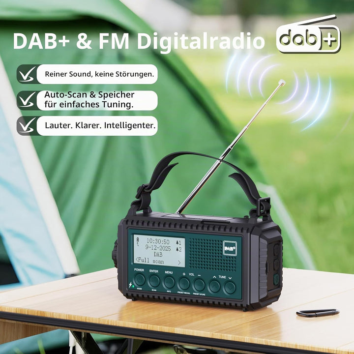 Kurbelradio DAB/DAB+/UKW, Baustellenradio Radio Batteriebetrieben, Tragbare Solar Notfallradio mit 5