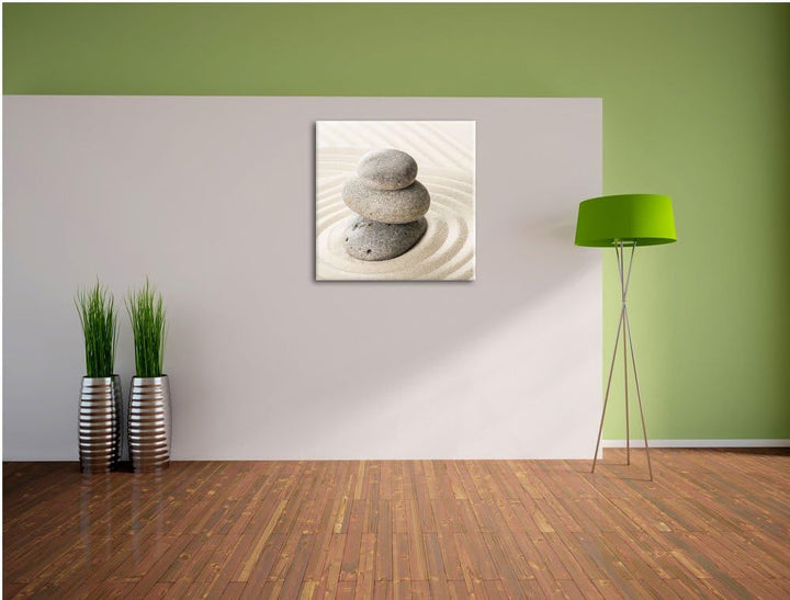 Steine in Sand mit Muster, Format: 70x70 auf Leinwand, XXL riesige Bilder fertig gerahmt mit Keilrah
