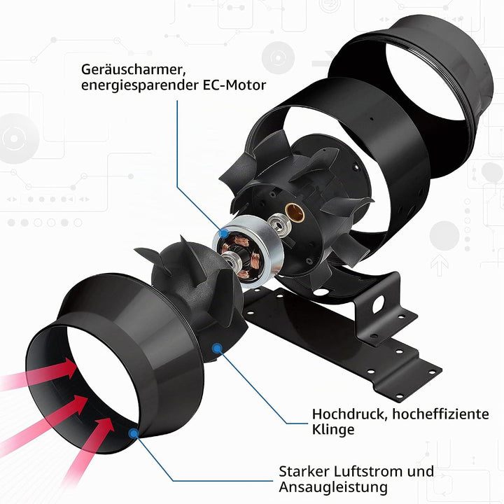 DUCTURBO Rohrventilator 100mm Regelbar, 275m³/h Inline-Kanalventilator Abluftventilator Ideal Rohrlü
