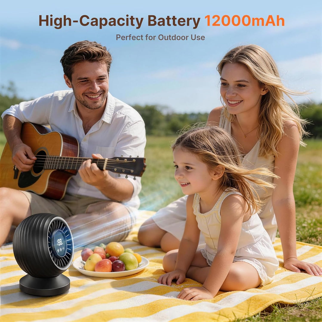 Tischventilator Sehr Leise 22dB, 3D Turbo Umluftventilator, Ventilator Leise mit 12000mAh Akku, LED