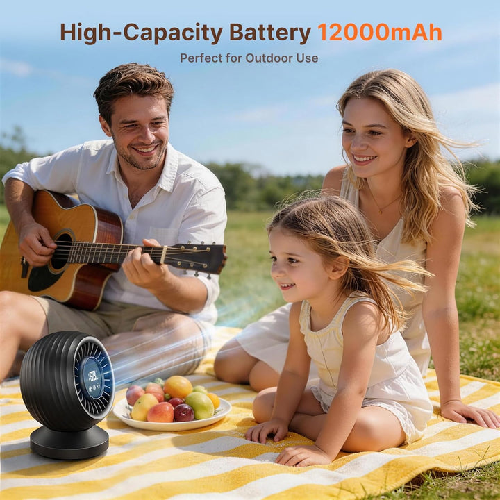 Tischventilator Sehr Leise 22dB, 3D Turbo Umluftventilator, Ventilator Leise mit 12000mAh Akku, LED