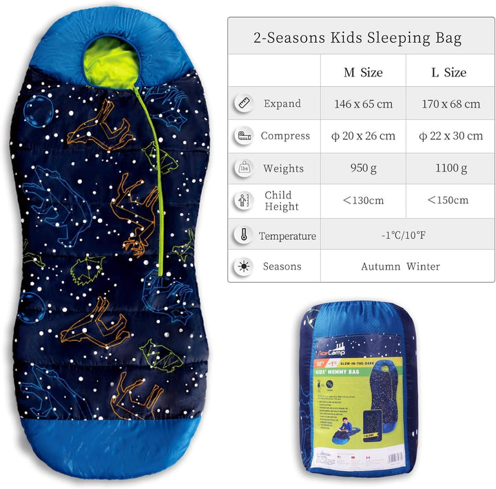 AceCamp Jugend Schlafsack Outdoor Indoor Leuchtend Mumienschlafsack Kinder