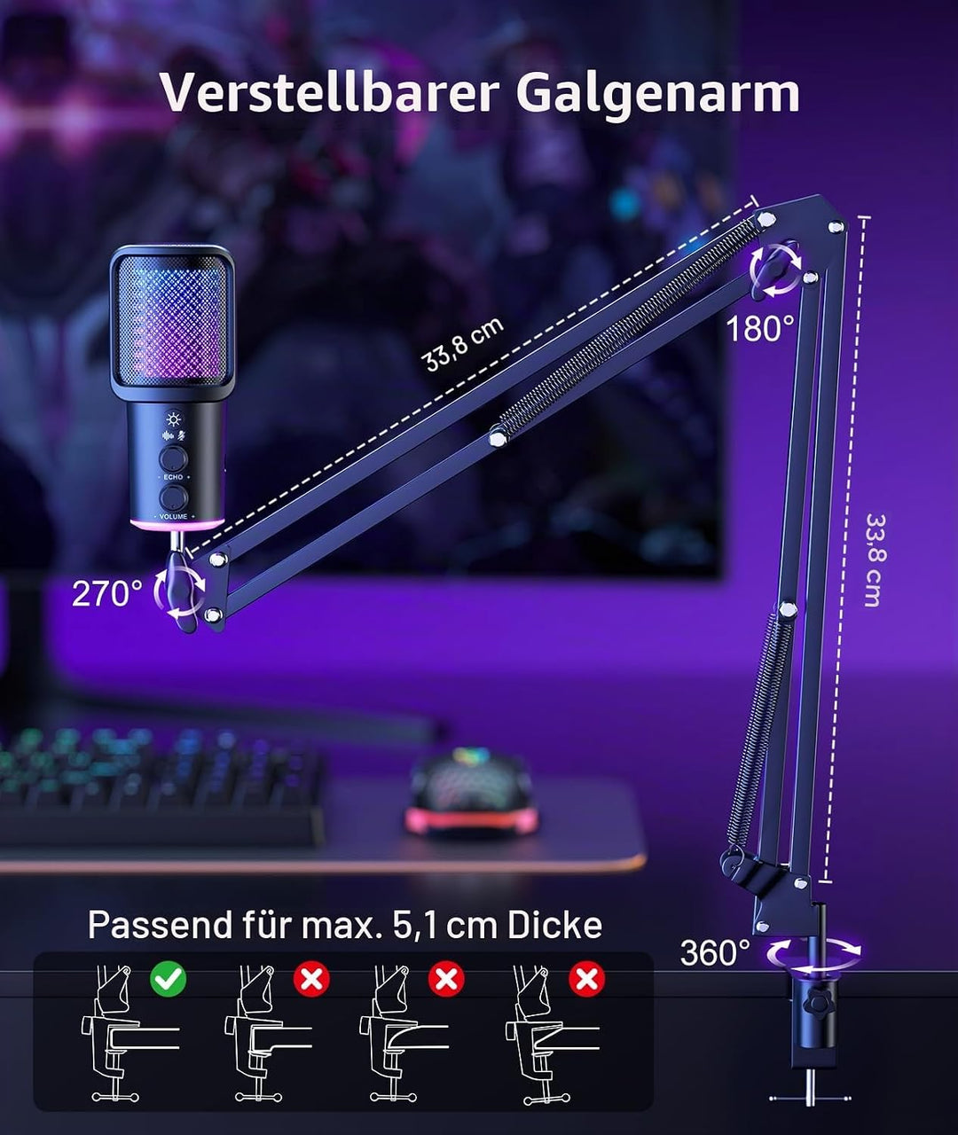 Gaming USB Mikrofon Kit mit Galgenarm - RGB Kondensator Mikrofon mit Geräuschunterdrückung, Stummsch