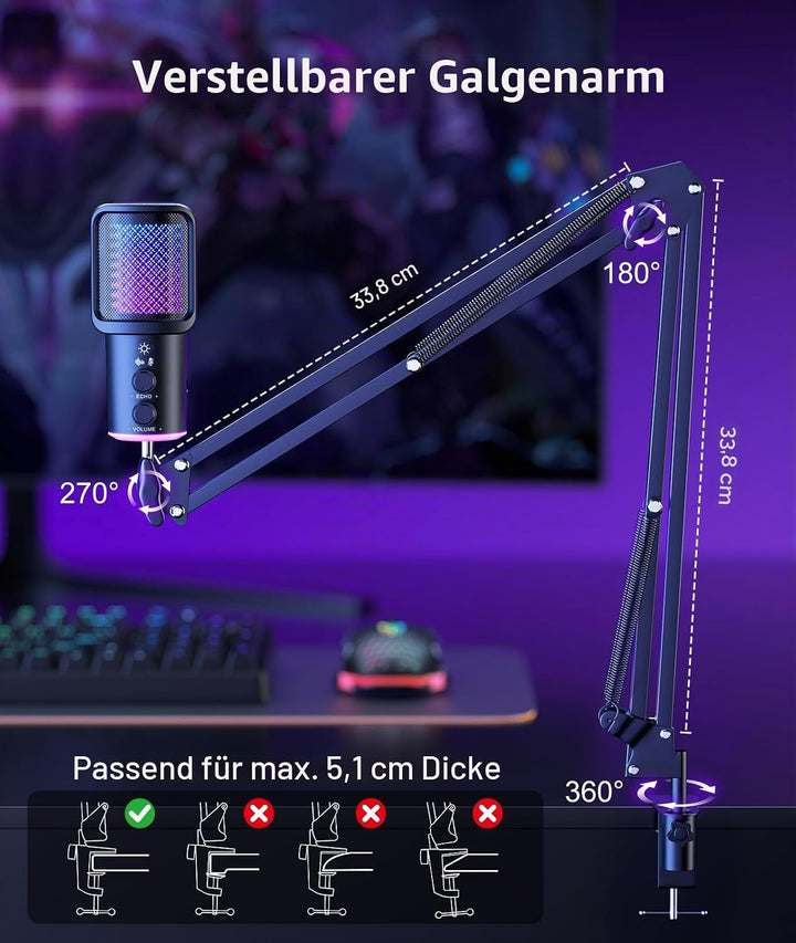 Gaming USB Mikrofon Kit mit Galgenarm - RGB Kondensator Mikrofon mit Geräuschunterdrückung, Stummsch