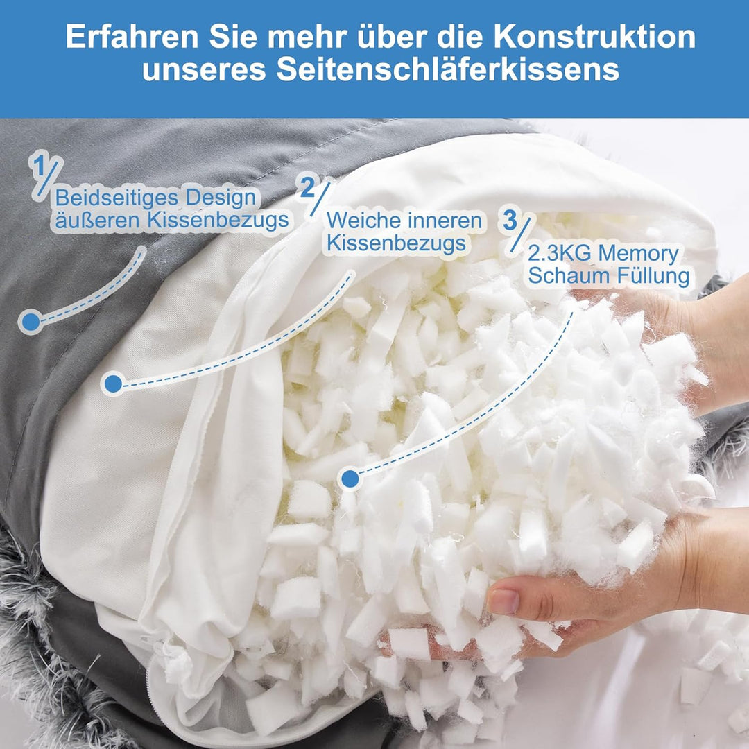 Memory Foam Seitenschläferkissen für Erwachsene – 2,65KG Ganzkörperkissen mit Plüsch Abnehmbarem Bez