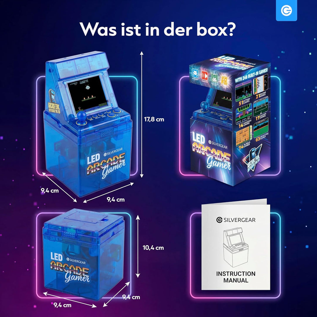 Silvergear® Mini Retro Arcade Spielkonsole 240 Spiele | Tragbare Arcade Maschine im Mini Format | 8