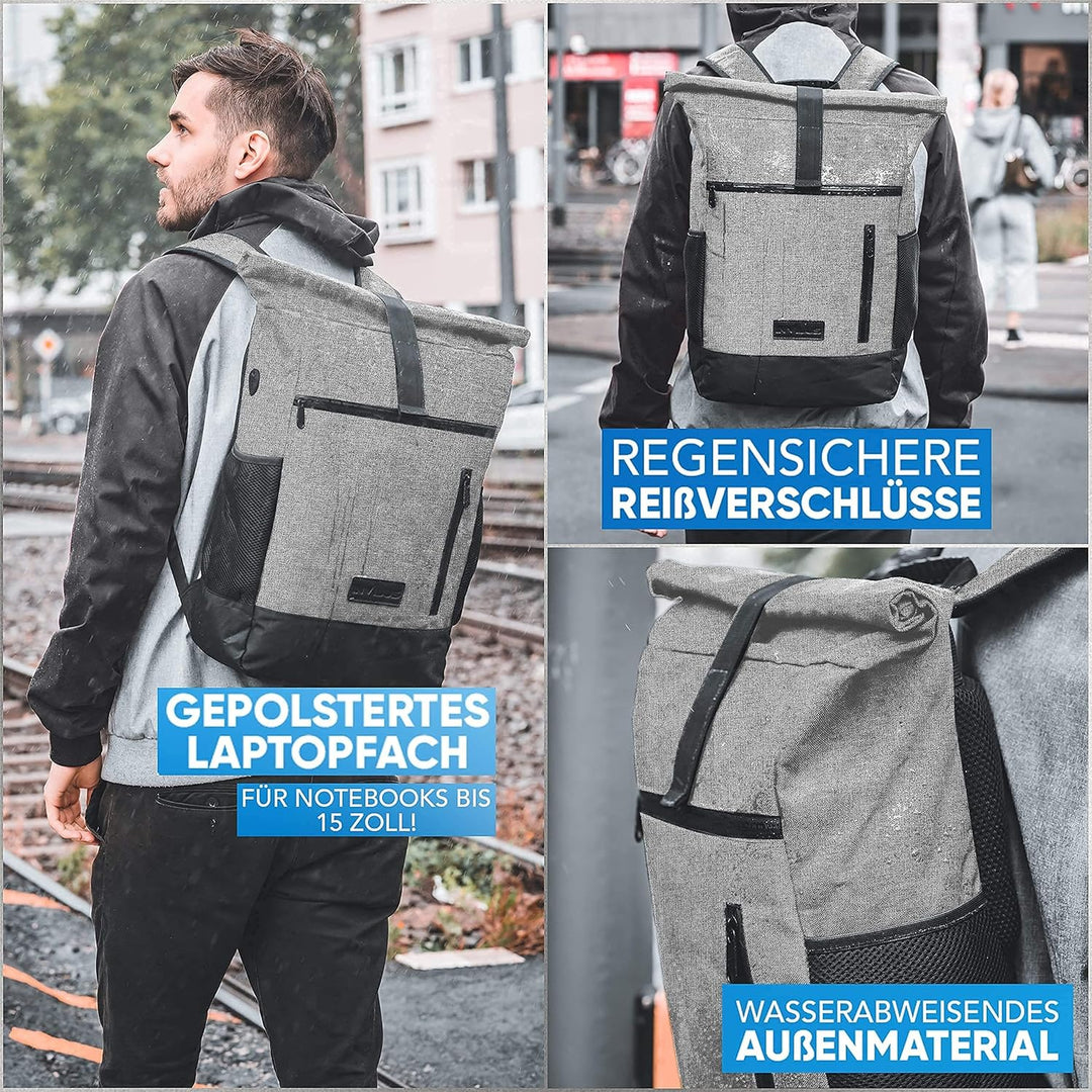 Rolltop Rucksack Damen und Herren aus Recycelten Plastikflaschen | Rucksack Uni | Laptop Rucksack |