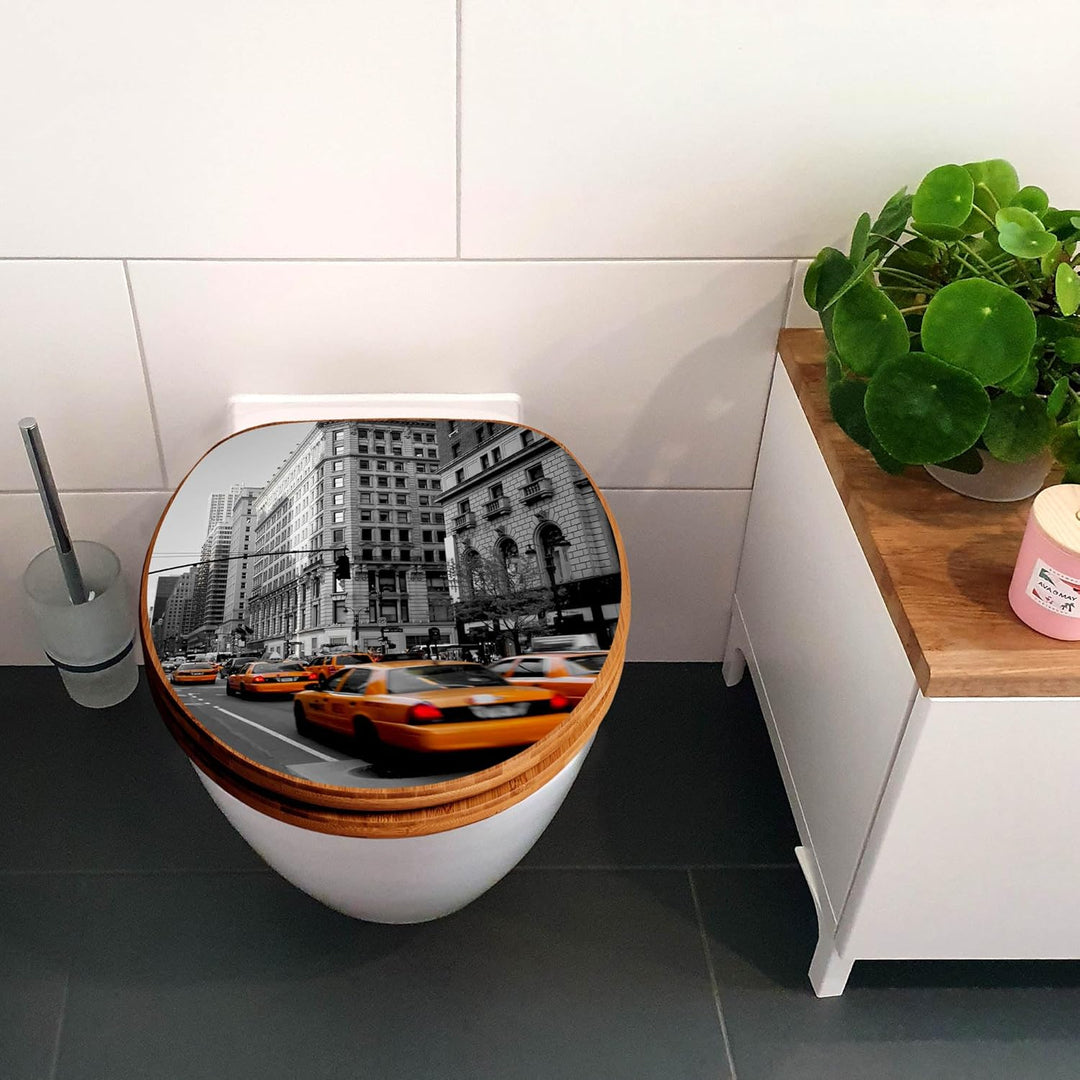 banjado® Design WC Sitz Bambus Absenkautomatik mit Motiv Taxi NY/Toilettendeckel mit Absenkautomatik