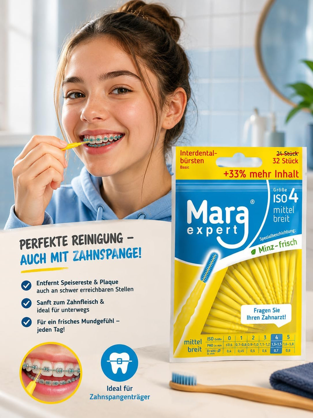 Interdentalbürsten 0,7 mm von MARA EXPERT | ISO 4 mittel breit | 6 x 32 Interdentalbürsten Gelb | Id