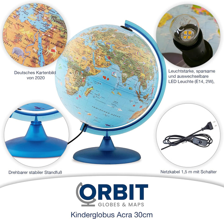 ORBIT GLOBES &amp; MAPS Kinderleuchtglobus 30cm mit Tieren, Kunststoff Fuss, deutsch mit stabilem Hartpl