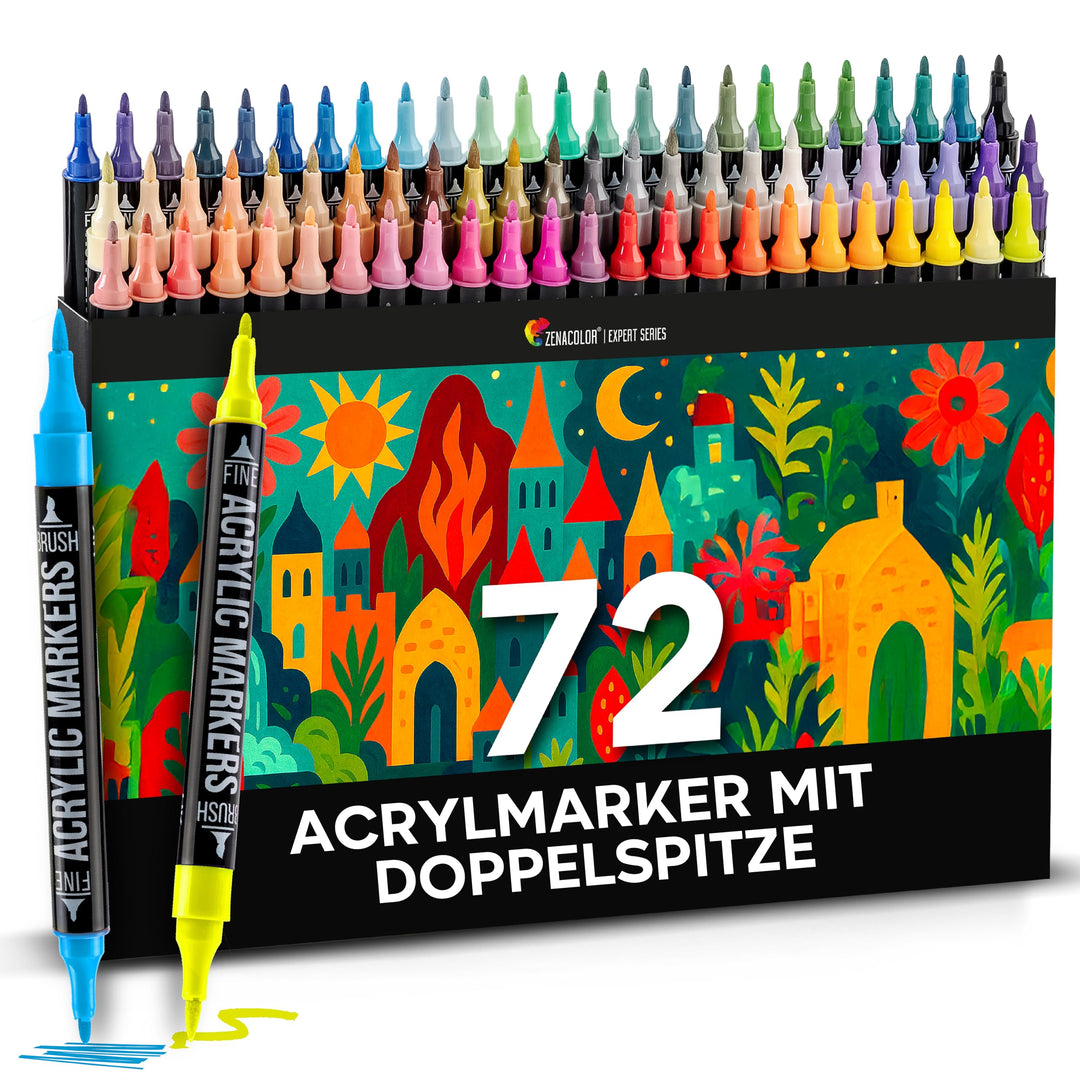 Zenacolor - 72 Farben Acrylstifte für Steine Wasserfest - mit Doppelspitze - Feine und Pinsel - Für