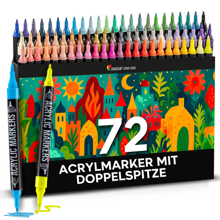Zenacolor - 72 Farben Acrylstifte für Steine Wasserfest - mit Doppelspitze - Feine und Pinsel - Für