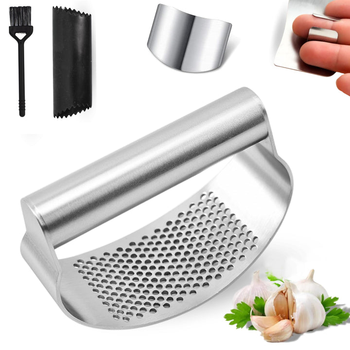 Knoblauchpresse Edelstahl 4-in-1 - Set Garlic Press & Knoblauchschneider mit Silikon-Schäler + Finge
