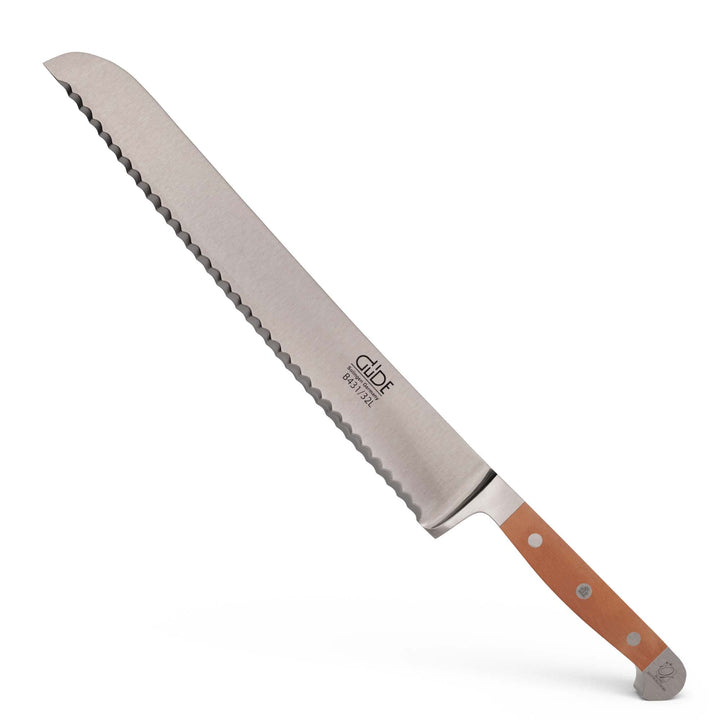 GÜDE Solingen - Brotmesser Linkshänder geschmiedet, 32 cm, Birnenholz, ALPHA BIRNE, Doppelkropf, Han