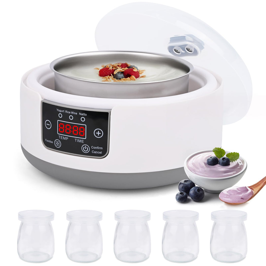 Joghurtbereiter, Joghurtmaschine mit Zeitanzeig, 5 Gläsern, für Organische, Gesüsste, Aromatisierte