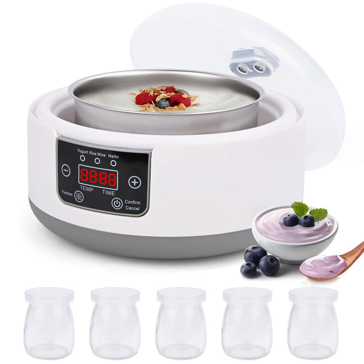Joghurtbereiter, Joghurtmaschine mit Zeitanzeig, 5 Gläsern, für Organische, Gesüsste, Aromatisierte