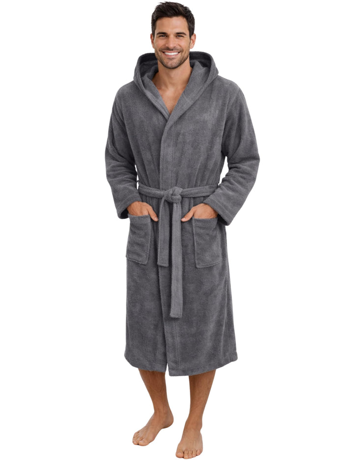 Morgenstern Bademantel Herren Kapuze Frottee 100% Baumwolle Lang Cadiz Salamanca XL Grau, XL Grau