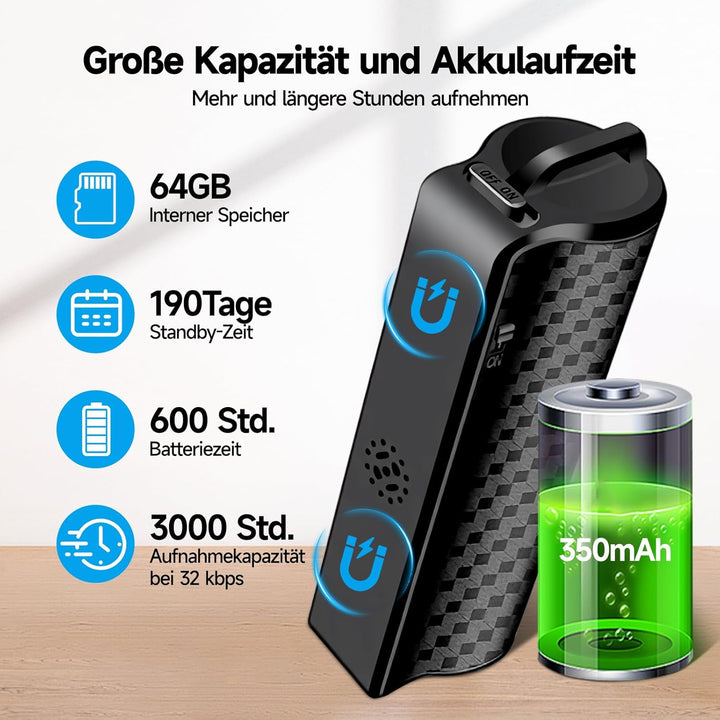 Digitale Diktiergerät, 64GB Magnet Mini Aufnahmegerät mit 30 Tage Daueraufnahme Abhörgerät Voice Rec