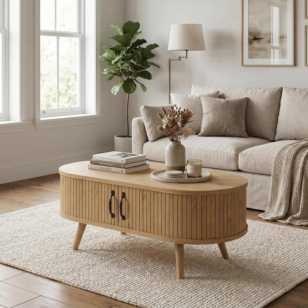 Ovaler Couchtisch Holz mit Stauraum, Moderner Wohnzimmertisch mit geriffelten Fronten, Skandinavisch