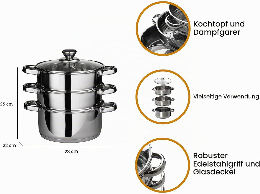 Premier Housewares Dampfgarer, Edelstahl, Glasdeckel, 28*22*22, Silver, 0408129 Dampfer, Dampfer