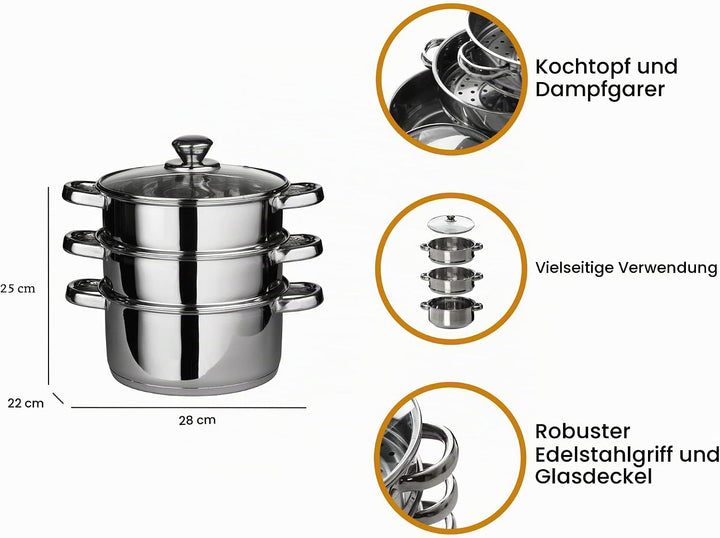 Premier Housewares Dampfgarer, Edelstahl, Glasdeckel, 28*22*22, Silver, 0408129 Dampfer, Dampfer