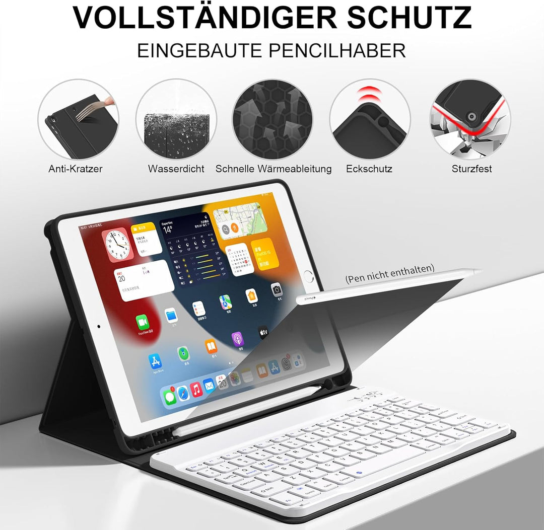 Tastatur Hülle für iPad 9./ 8./ 7.Gen (2021/2020/2019) mit Stifthalter, Soft TPU Schutzhülle, magnet