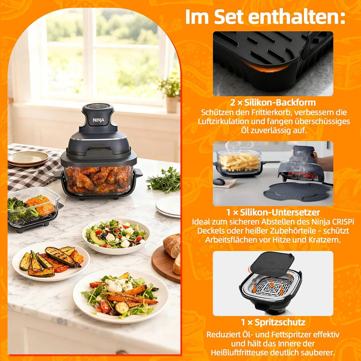 Airfryer Zubehör für Ninja CRISPi FN101EU, 2 Stück Silikonform mit Spritzschutz & Silikonmatten, Hei