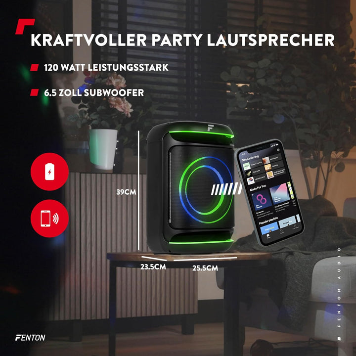 Fenton Track165 Musikbox Bluetooth Gross mit LED 120W, Akku 15 Std, Tiefer Bass, 112db, Partybox Blu
