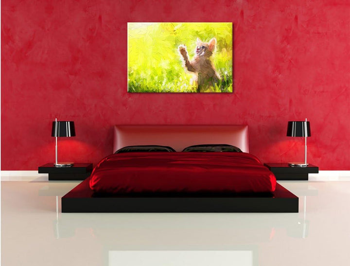 Pixxprint Kätzchen jagt Schmetterling Kunst Pinsel Effekt, Format: 100x70 auf Leinwand, 100x70
