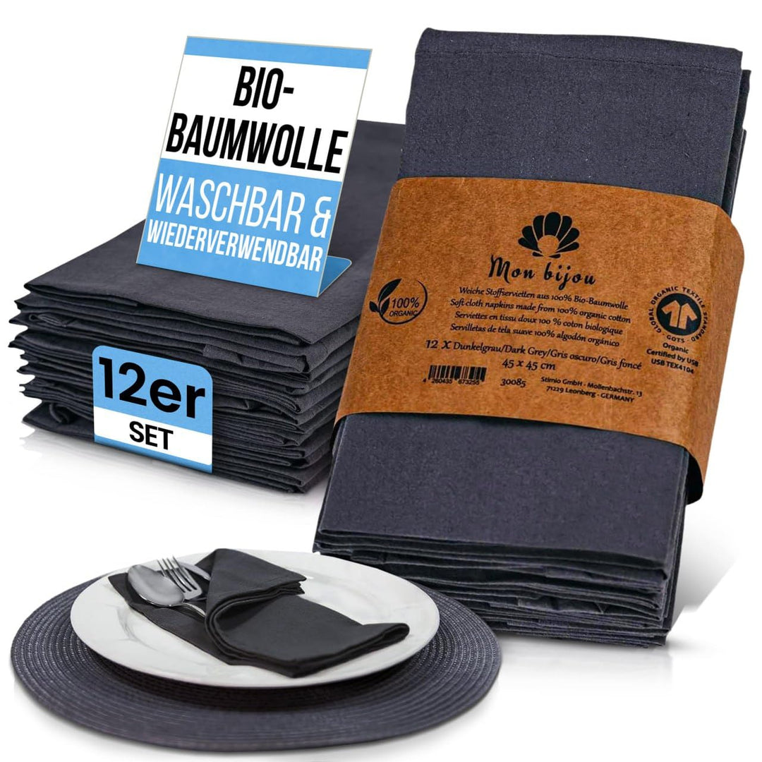 12er Set Stoffservietten Dunkelgrau – 100% Bio-Baumwolle GOTS – Waschbare Servietten Stoff 45x45 cm