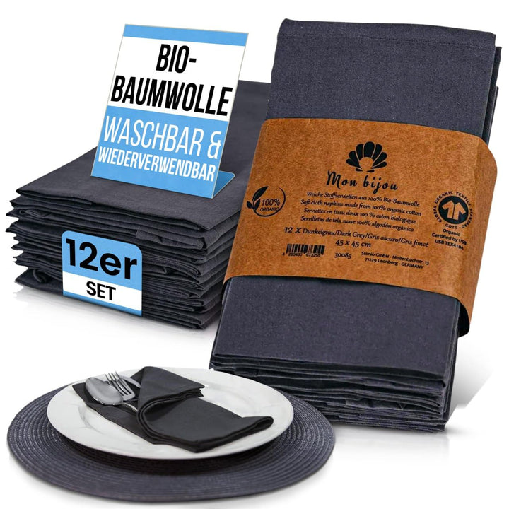 12er Set Stoffservietten Dunkelgrau – 100% Bio-Baumwolle GOTS – Waschbare Servietten Stoff 45x45 cm