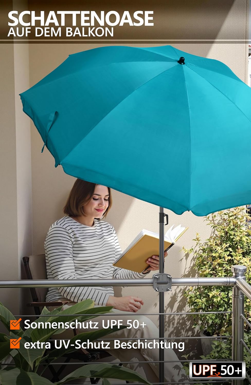 4smile Sonnenschirm Balkon SunnyJoy im 3er-Set - UPF 50+ Balkon Schirm 180 cm + Sonnenschirmhalter B
