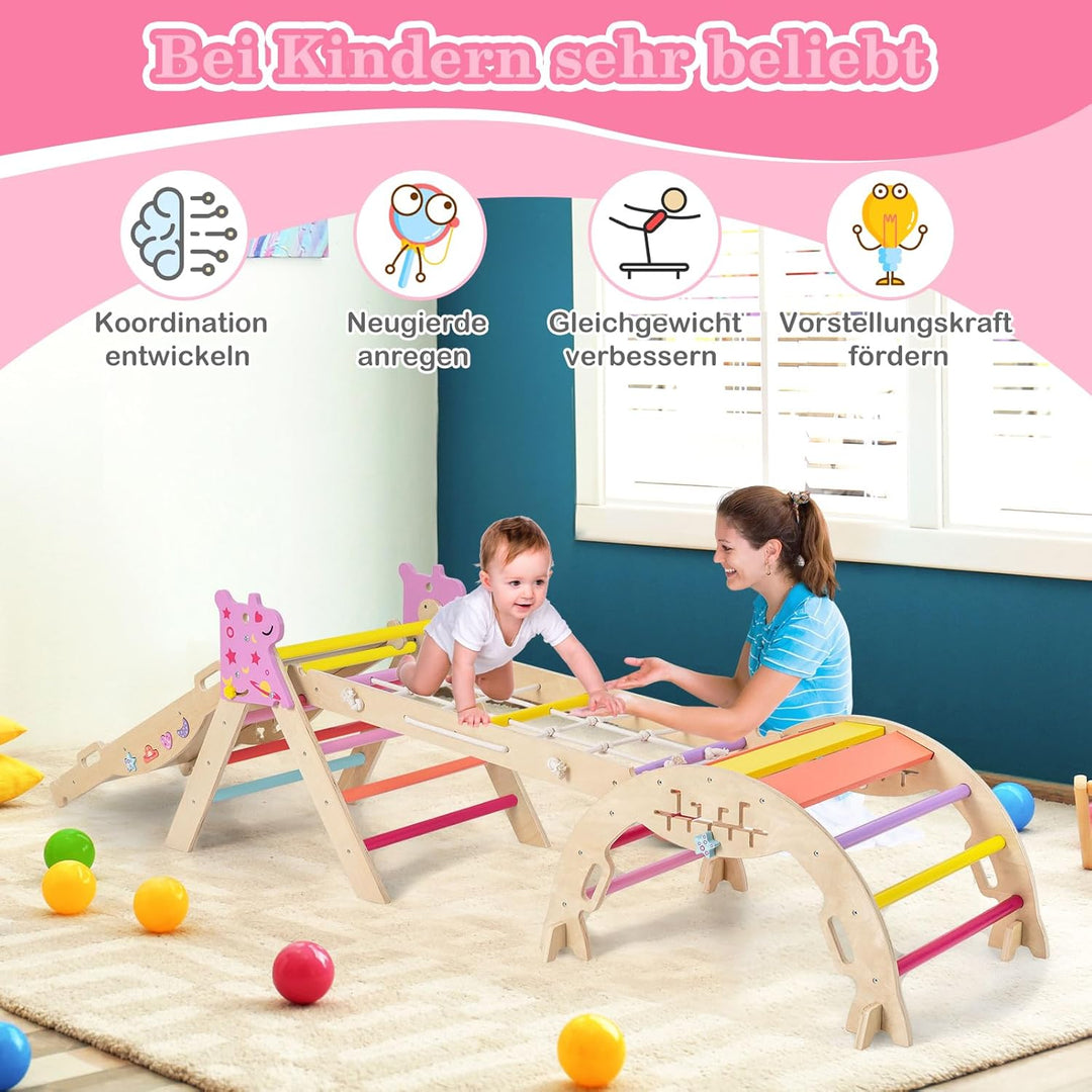 COSTWAY Klettergerüst Indoor 4er Set, klappabres Kletterdreieck mit Rutsche, Kletterbogen, Netz, ink