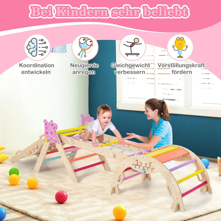 COSTWAY Klettergerüst Indoor 4er Set, klappabres Kletterdreieck mit Rutsche, Kletterbogen, Netz, ink