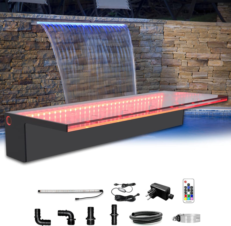 Longrun Pool Wasserfall Bachlaufsets, Garten Brunnen mit Farbwechsel LED, Acryl Teich Wasserfontäne