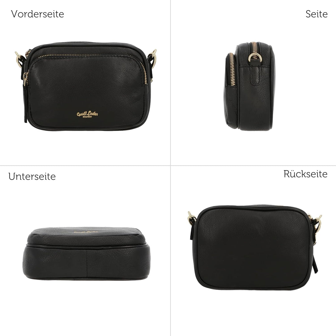 Gusti Umhängetasche Leder - Lulu Damen Umhängetasche Schultertasche Ledertasche Leder Schwarz, Schwa