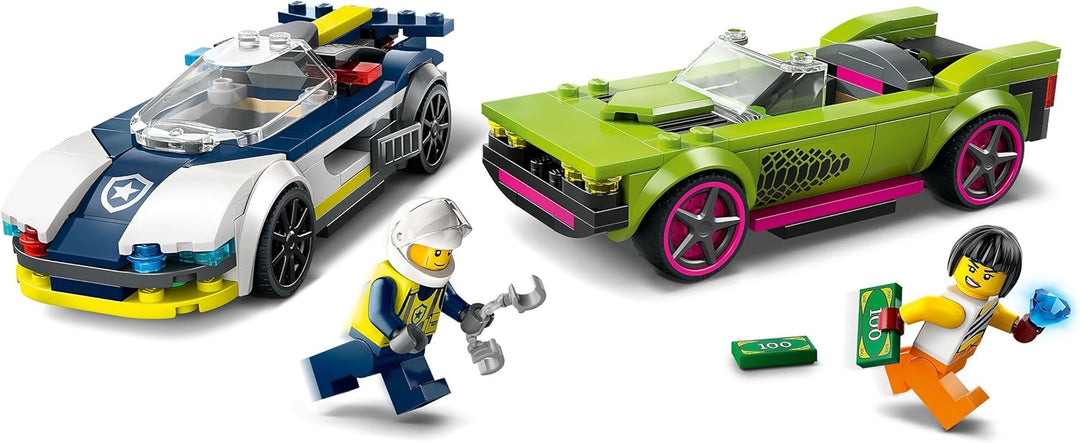 LEGO City Verfolgungsjagd mit Polizeiauto und Muscle Car, Auto-Spielezug mit 2 Rennautos, Polizei-Ge