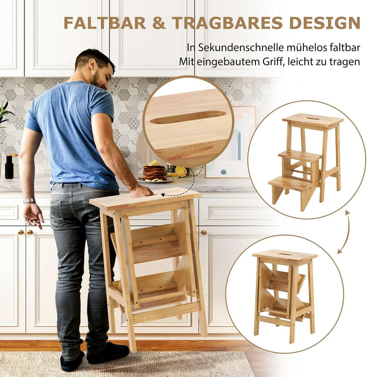COSTWAY Tritthocker, Trittleiter 3 Stufen klappbar, Trittstuhl mit Griff, bis 270 kg, Haushaltsleite