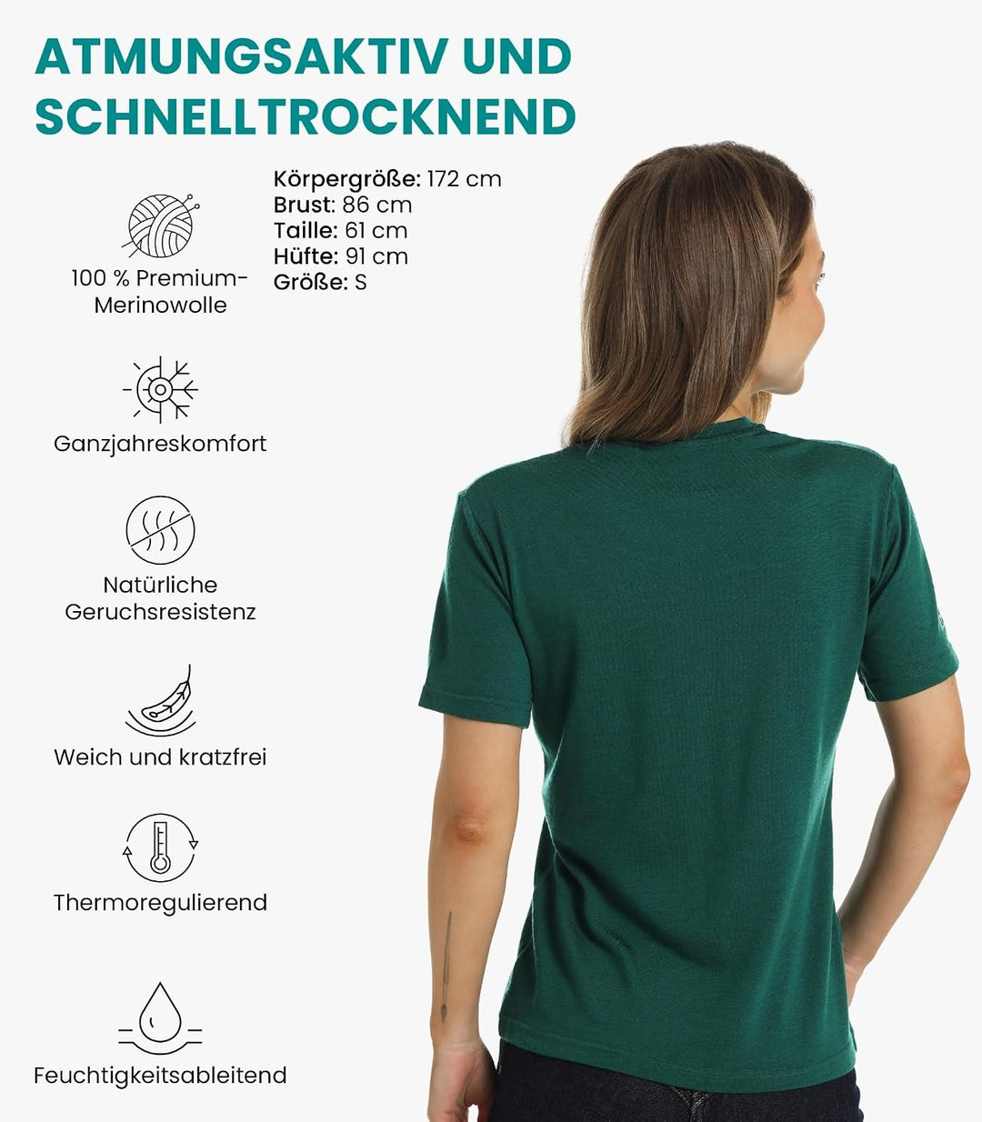 Merino.tech 100% Merino T-Shirt Damen - Sport Thermo Unterhemd Alltag S Regenwaldgrün, S Regenwaldgr