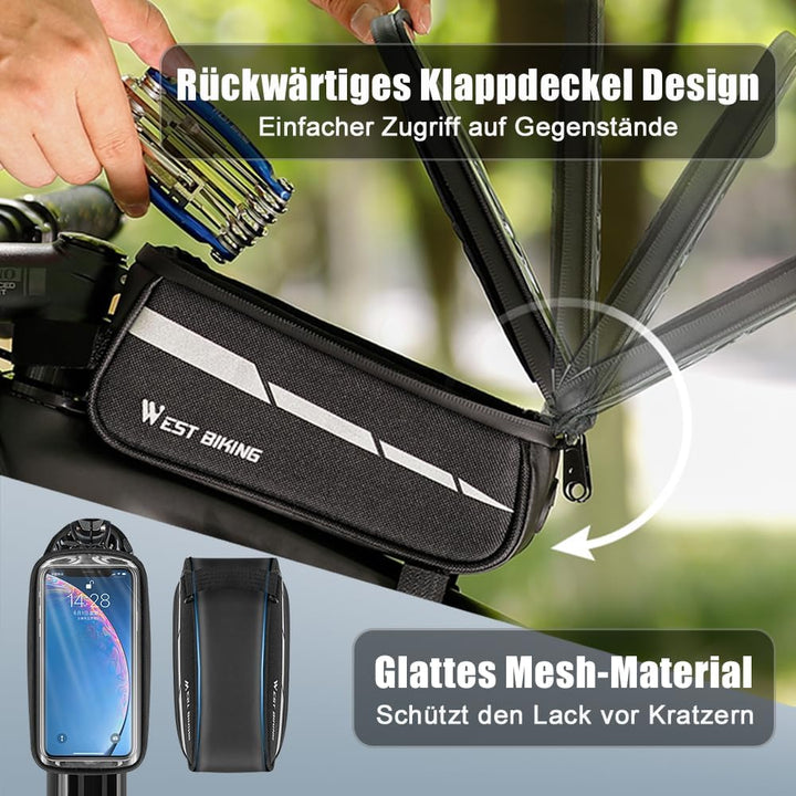 Fahrrad Rahmentasche mit Handytasche, 1L Oberrohrtasche mit Touchscreen für Smartphone bis 7 Zoll, W