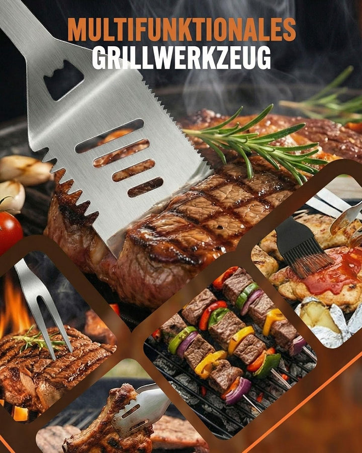 Grillbesteck Set, 11-teilig Edelstahl Grill Zubehör Set mit Aufbewahrungskoffer, Hochwertiger BBQ Gr