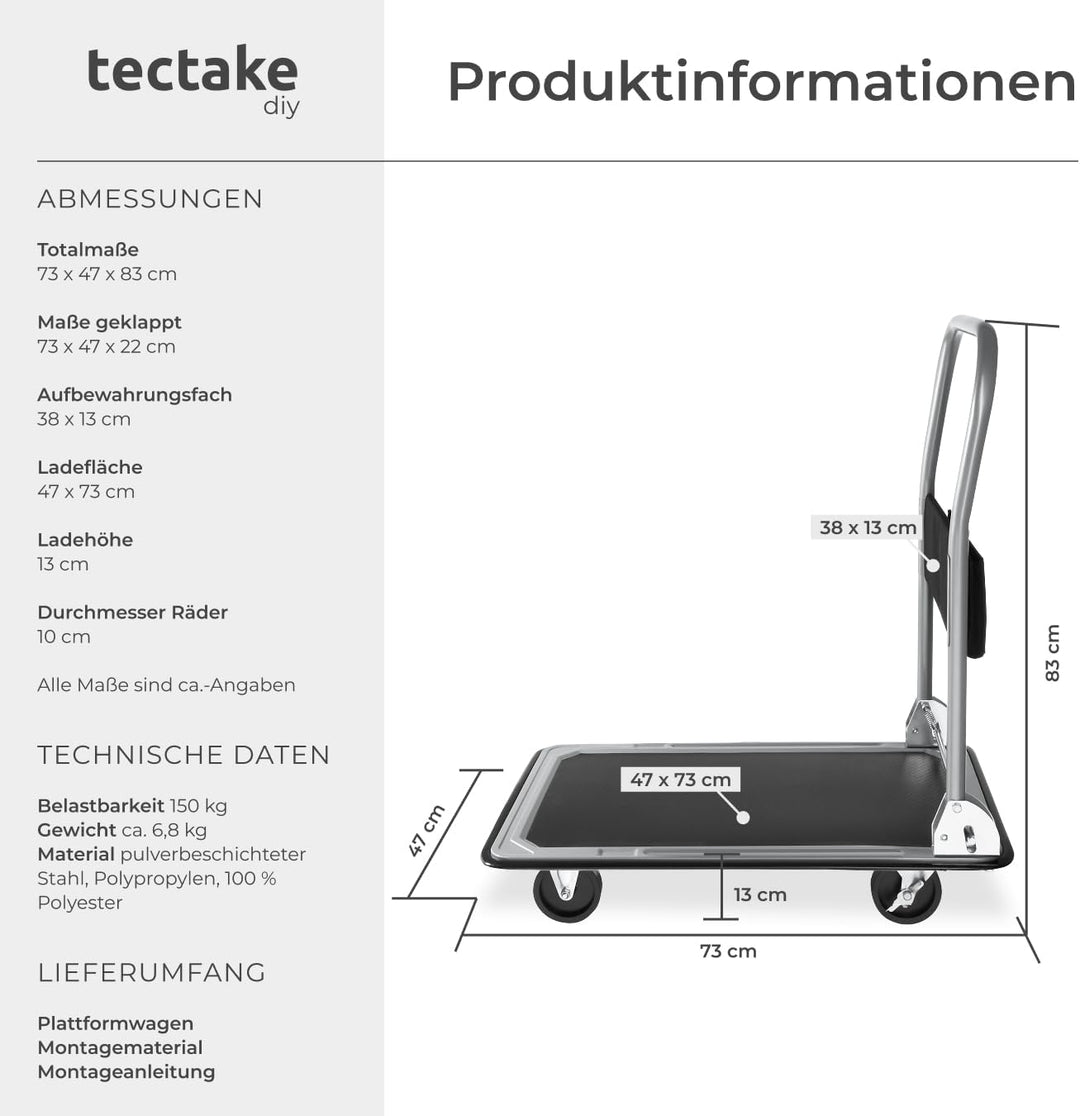 tectake® Plattformwagen 150 kg, Transportwagen klappbar, Transportroller mit Staufach, 2 Blockrollen