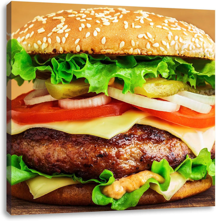 Pixxprint Köstlicher Burger auf Holztisch, Format: 70x70 auf Leinwand, 70x70