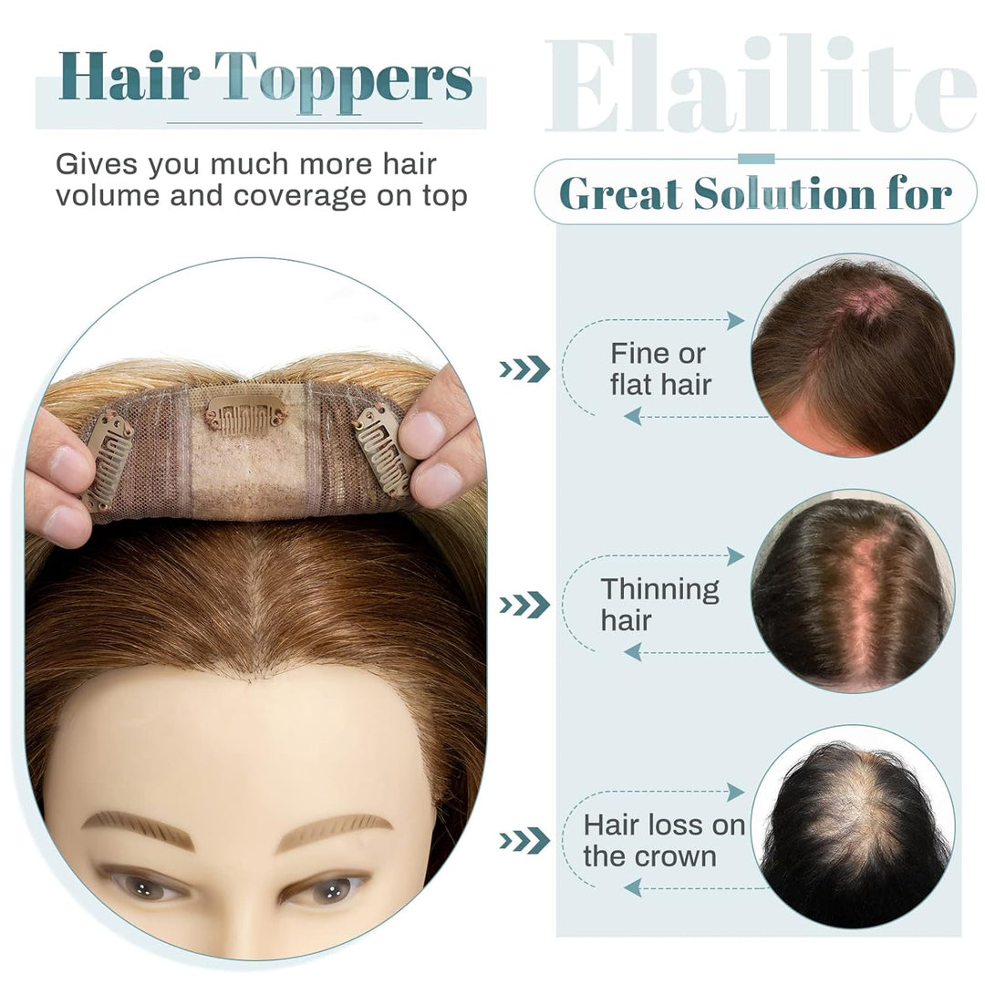 Elailite Clip in Toupet Frauen, Echthaar Topper, Seide Basis Clip in Extensions Haarteil 130% Dichte